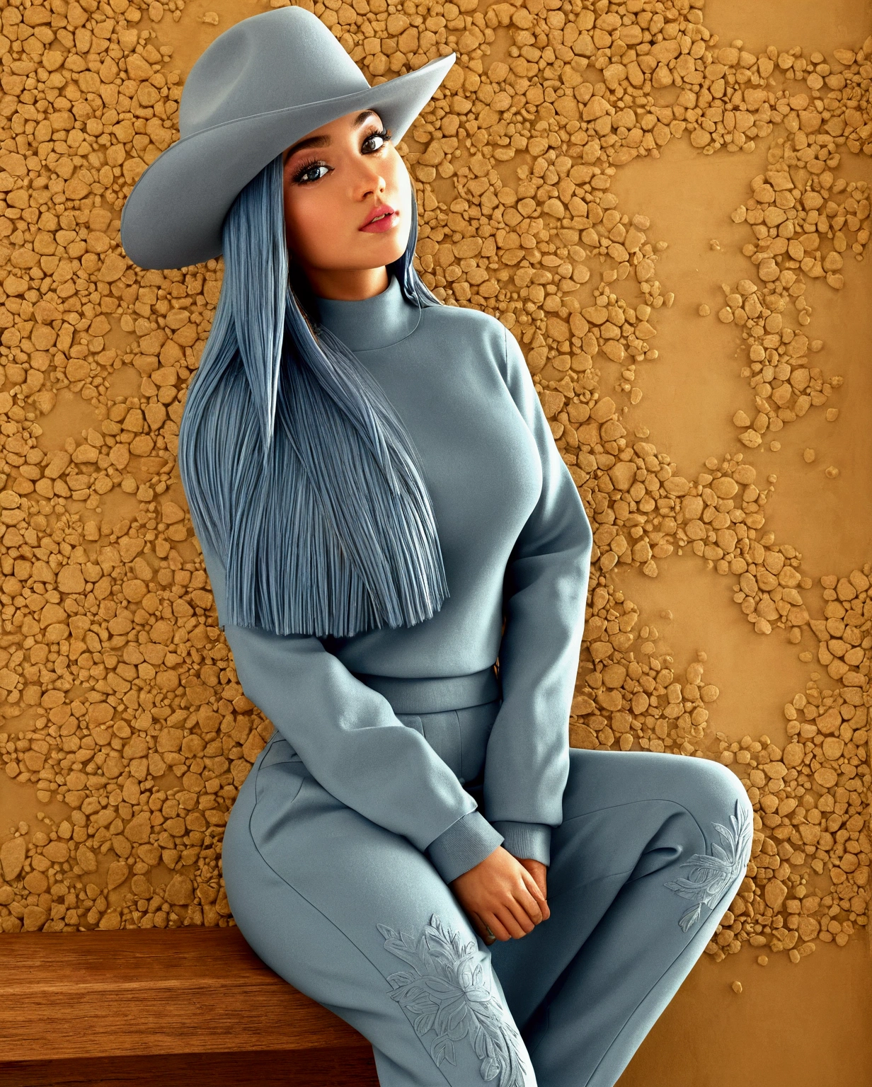 Leave it with brown hair, black shirt and black hat, blue dynasty pants with pink details drawn