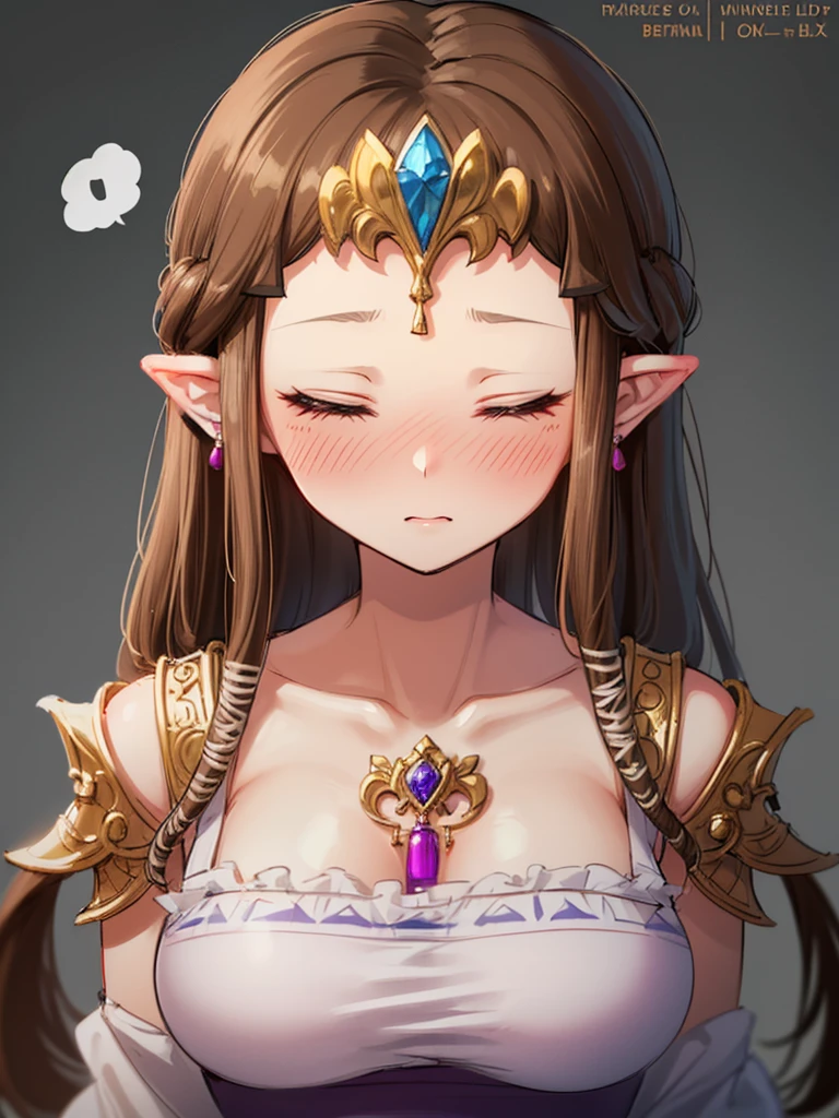 ((((Very beautiful mature woman)))),((surprised),((Scared)),((Close your eyes)),((((Exposed shoulders)))),(((look up))),,(((There is a hair ornament on the front)),,(((Long Hair)))),((Big Breasts)),((((Exposed shoulders)))),((front)),Princess Zelda, ((Highest quality)),,(Very detailed) ,,((Purple blouse)),Brown Hair,((Embarrassed look)),blush, ((Highest quality)), (Very detailed), ,(((Dark brown hair))),Nintendo, (Straight hair), face,blush,((alone)), ((Highest quality)), (Very detailed), ,