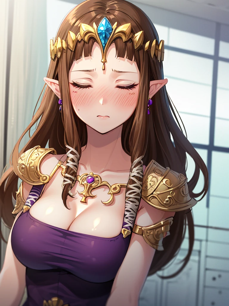 ((((Very beautiful mature woman)))),((surprised),((Scared)),((Close your eyes)),((((Exposed shoulders)))),(((look up))),,(((There is a hair ornament on the front)),,(((Long Hair)))),((Big Breasts)),((((Exposed shoulders)))),((front)),Princess Zelda, ((Highest quality)),,(Very detailed) ,,((Purple blouse)),Brown Hair,((Embarrassed look)),blush, ((Highest quality)), (Very detailed), ,(((Dark brown hair))),Nintendo, (Straight hair), face,blush,((alone)), ((Highest quality)), (Very detailed), ,