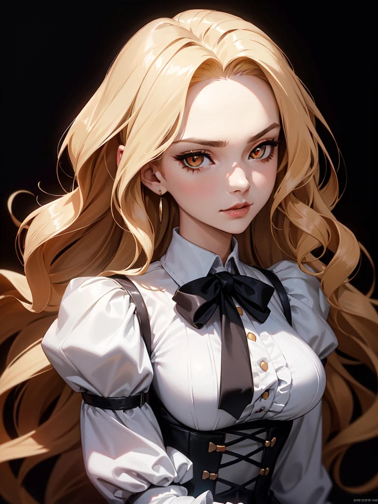 (((Portrait Photo))), She has a Strong, Seductive 21-Years-Old Appearance, with a Tall, an Elegant Build, and a Sophisticated Demeanor. She has Long, Light Blonde Hair, Styled in Loose Waves, with Strands Falling Around Her Face. Her Sharp, Orange Eyes Express a Confident and Intense Look, Giving Off a Regal and Powerful Attitude. She Wears a High-Collared, White Blouse with Ruffled Details, Paired with a Black Corset that Cinches Her Waist, Completed with a Black High-Waisted Trousers. (((High Quality, Dark Background))), (((Portrait Photo)))