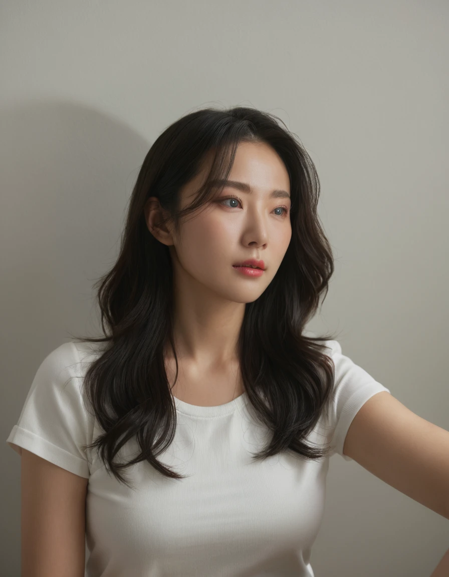 Best Quality, 8k, Masterpiece, (Portrait: 1.3), (photo realistic:1.4), (hyper realistic:1.4), Sharp Focus, looking at viewer, (smoother lighting:1.1), (increase cinematic lighting quality:0.9), realistic lighting, backlighting, light on face, ray trace, (brightening light:1.2), (Increase quality:1.4), sharp detail, (best quality real texture skin:1.4), finely detailed eyes, black_eyes, finely detailed face, 25 year old Korean woman