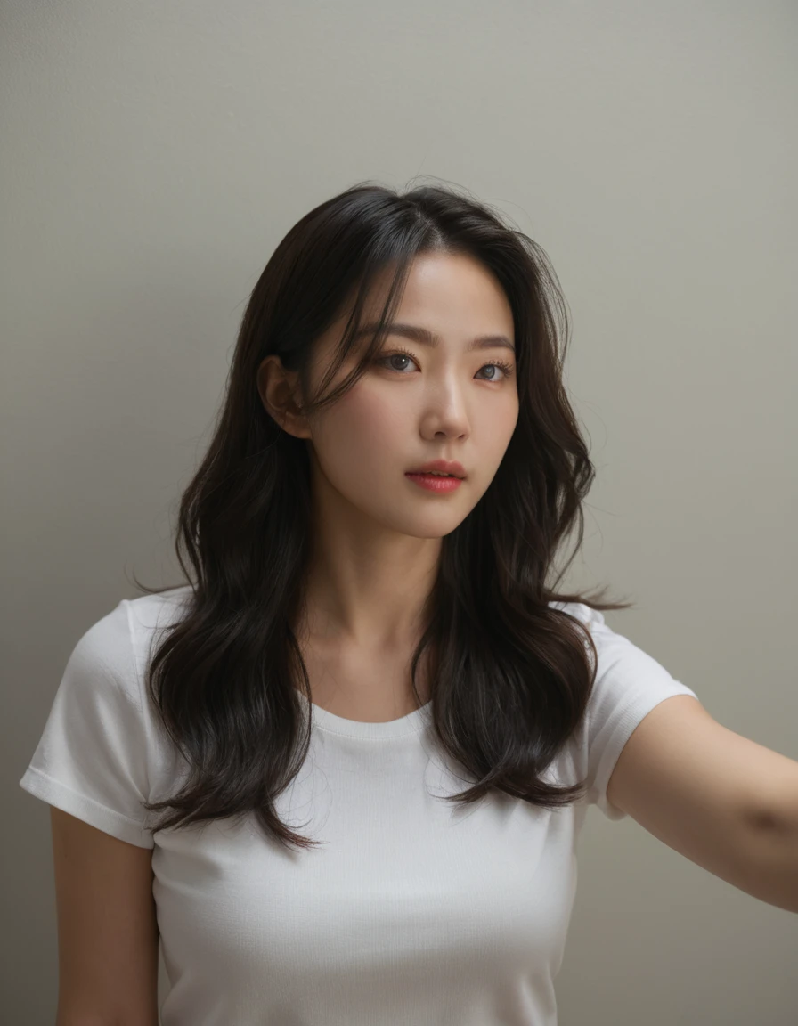 Best Quality, 8k, Masterpiece, (Portrait: 1.3), (photo realistic:1.4), (hyper realistic:1.4), Sharp Focus, looking at viewer, (smoother lighting:1.1), (increase cinematic lighting quality:0.9), realistic lighting, backlighting, light on face, ray trace, (brightening light:1.2), (Increase quality:1.4), sharp detail, (best quality real texture skin:1.4), finely detailed eyes, black_eyes, finely detailed face, 25 year old Korean woman