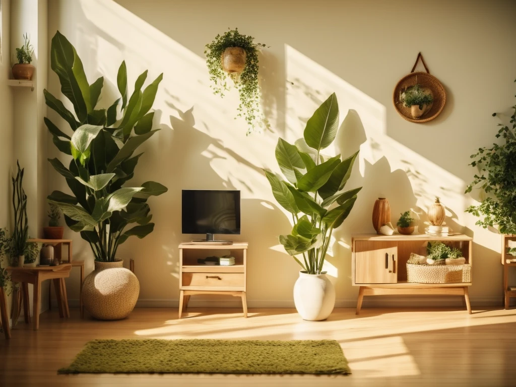 On a light background in the living room、A plant with green leaves arranged in a white vase。There is sunshine、Shadows of leaves are cast。The leaves are close to the screen
