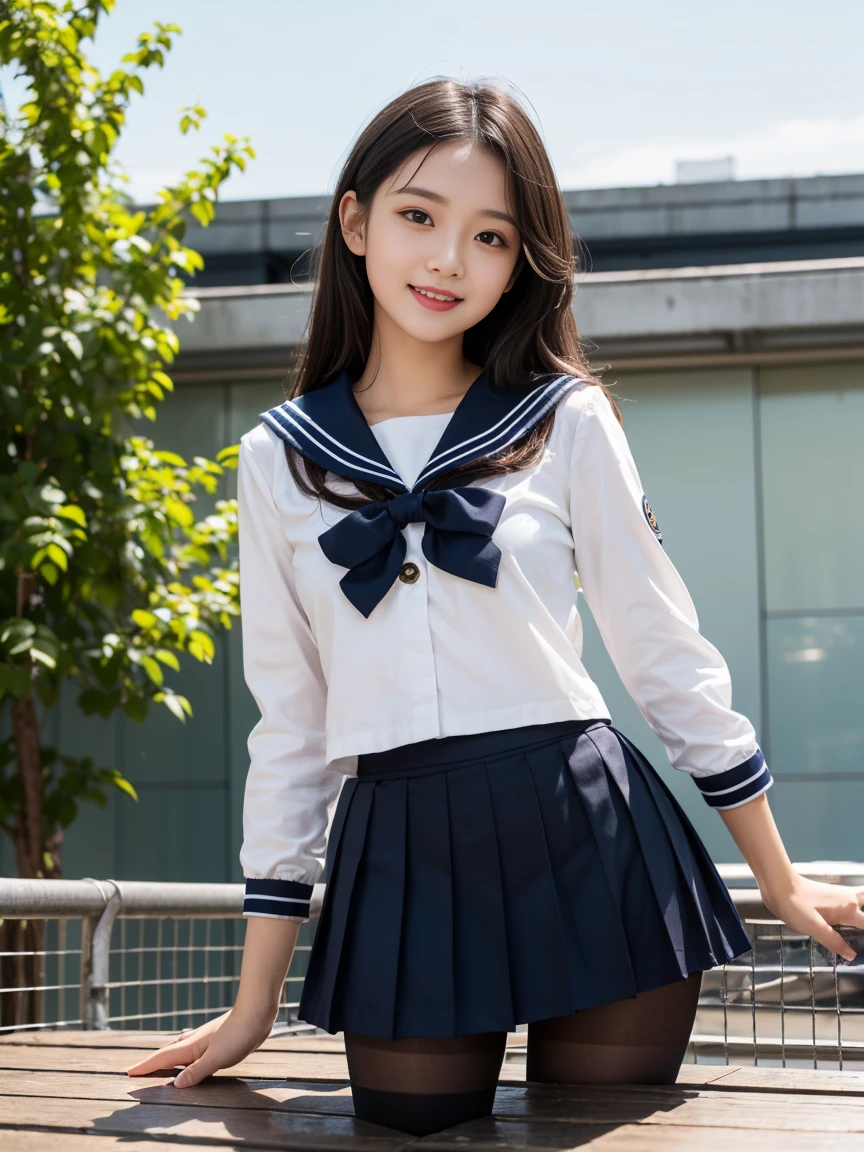 very cute and beautiful girl,(Very delicate and beautiful face and eyes:1.2), smile,Black Hair,Sailor ,Navy blue pleated mini skirt,(From below),１２０black denier tights、, summer,School rooftop,building,Chain link fence, (Highest quality,Tabletop:1.2),Intricate details,Very detailed,High resolution,alone,Cinema Lighting,