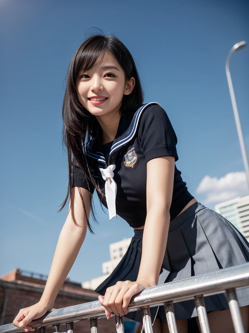 very cute and beautiful girl,(Very delicate and beautiful face and eyes:1.2), smile,Black Hair,Sailor ,Navy blue pleated mini skirt,(From below),１２０black denier tights、, summer,School rooftop,building,Chain link fence, (Highest quality,Tabletop:1.2),Intricate details,Very detailed,High resolution,alone,Cinema Lighting,