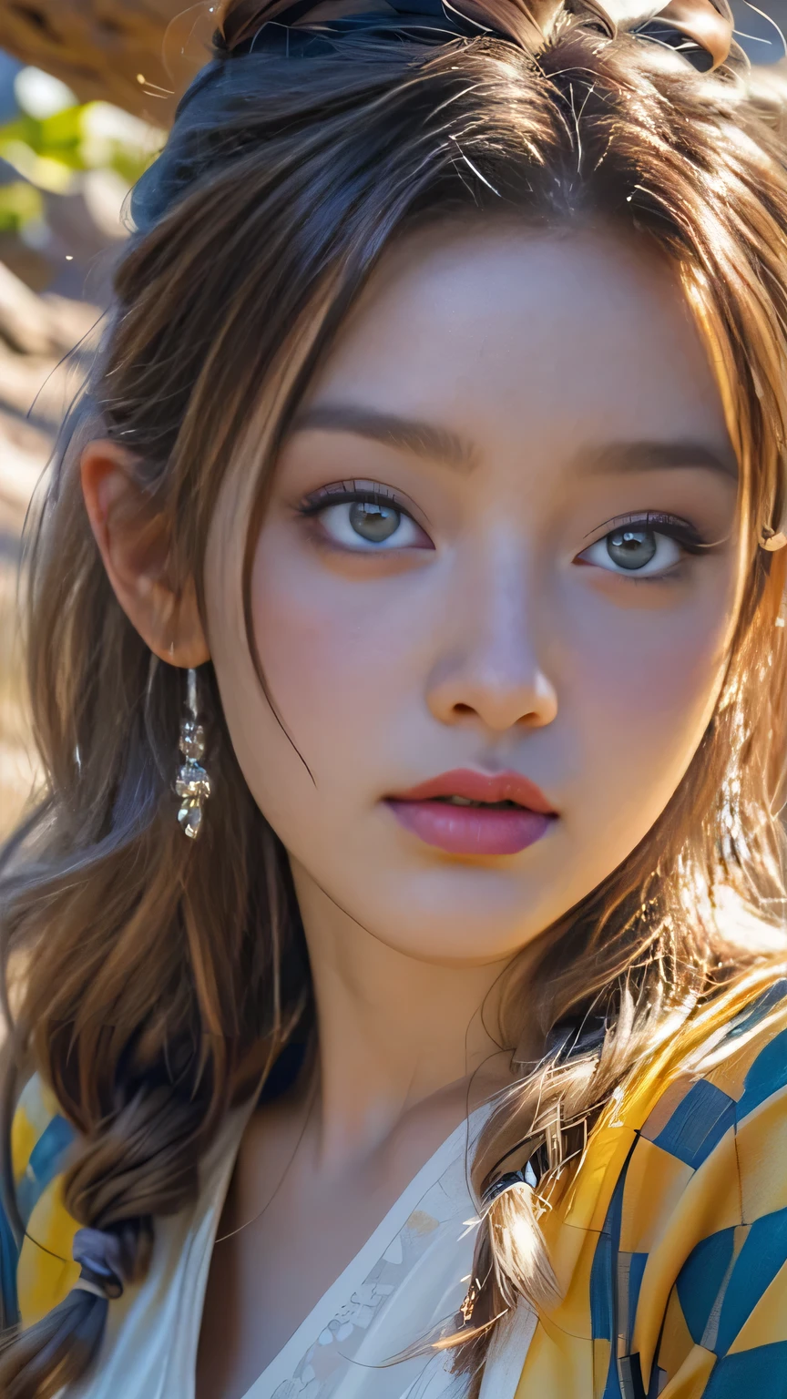 (Surreal), (picture), (High resolution), (In 8K), (Very detailed), (Best Illustration Photos), (Beautiful and fine details), (最high quality), (Ultra-detailed), (masterpiece), (wallpaper), (Detailed face), solo, One Girl, Blonde Wavy Hair, Korean Beauty,Black Eyes, ((A loose-fitting blue and yellow checked maid outfit)), Long legs, Toned Abs, stockings、((In a dark cave))、(Pause＿random)､(((Face close-up))), Face close-up, masterpiece, 最high quality, high quality, High resolution,