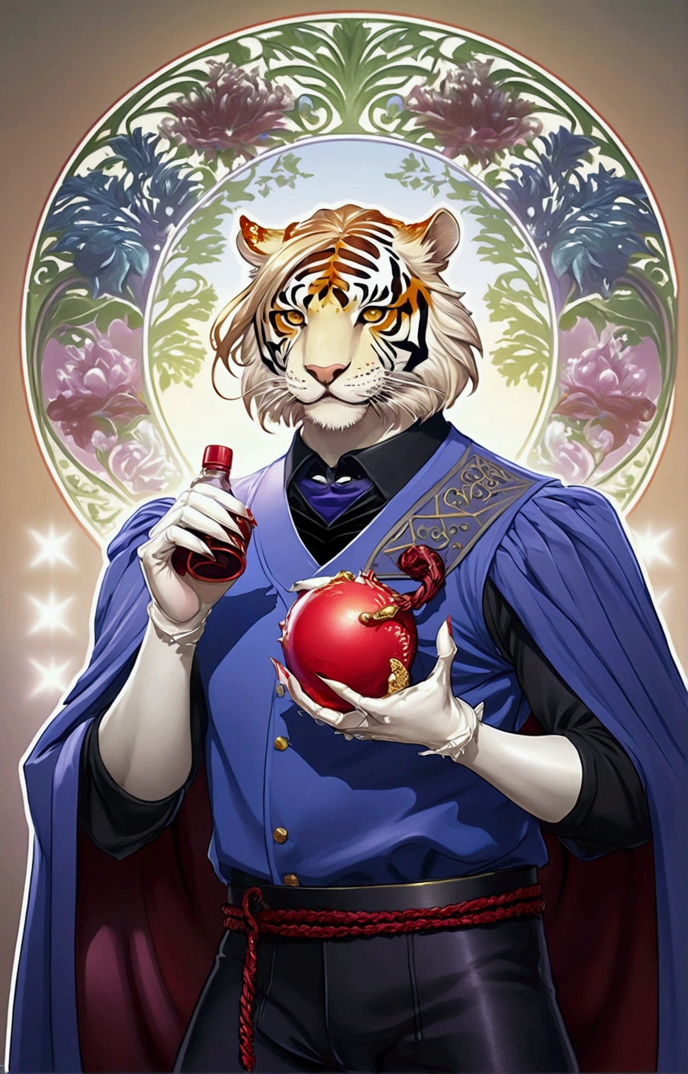 Anthropomorphic white tiger, muscular, wearing a baseball uniform, drinking from a bottle, digital art, highly detailed, dynamic pose, sports theme, anime style.