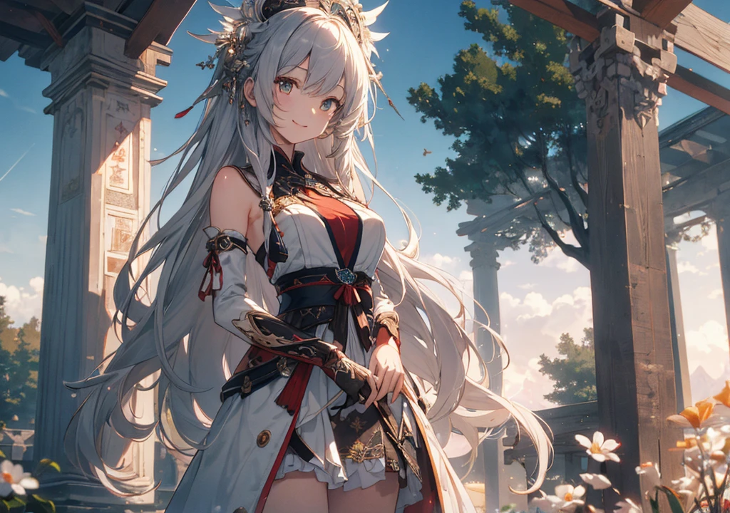 Realistic photos, Focus distance 10mm, Red and white, A big smile, Beautiful girl, Realistic photos, Focus distance 10mmで撮影, masterpiece, 最high quality, high quality, Very detailed CG 8k wallpaper unit, Award-winning photography, Depth of written boundary, High resolution, bloom, chromatic aberration, Realistic, Very detailed, Art Station Trends, CGsociety Trends, Complex, High detail, dramatic, Art on the go, volumetric lighting, Final Fantasy style beautiful girl、Amber Eyes、Silver long hair、Ancient Maiden Costume、A tranquil lake and shrine in the background