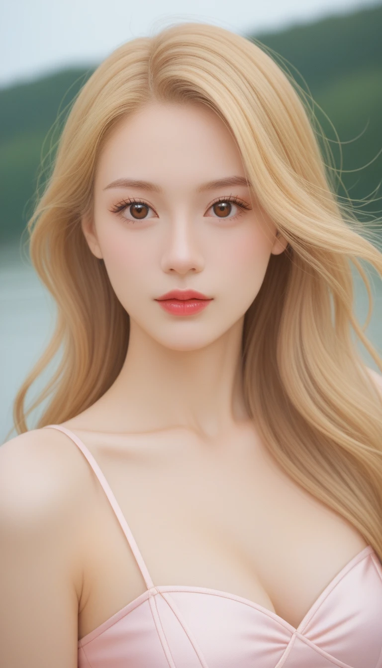 a, 1 girl americana joven de 12 sños de edad, fair, alone, your voice is very clear, el long golden hair, long blond hair,A subtle rosy glow on the cheeks, Manners are elegant、Calmly. His eyebrows are arched,well maintained.., Her eyelashes are long and black, Highlighting her charming brown eyes. 儘管他Manners are elegant, There is an underlying power in his eyes. girl, Clicks, fair, Blurred background, Brown eyes, long blonde hair, long golden hair, View your audience, Look for, collar, long golden hair, realist, Wearing transparent pink underwear, alone, whole body, Wavy fur, Wind, Sunshine Apartment, nudist