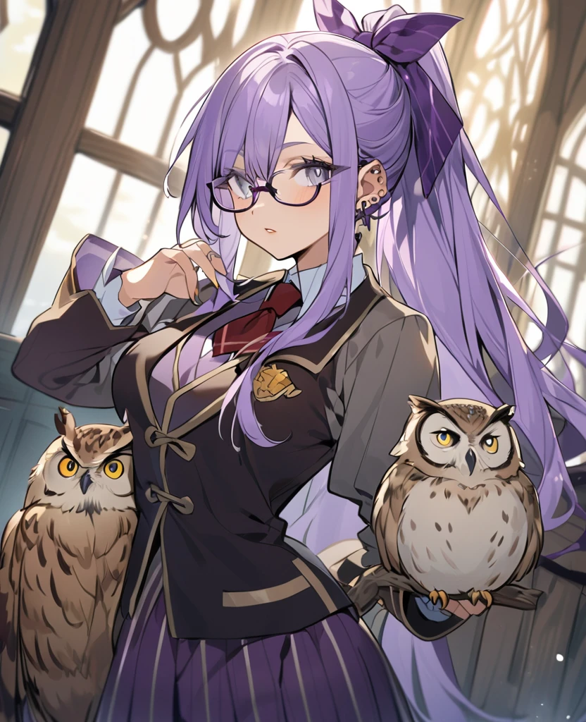 Female,5'5,glasses ,pierced ears,light skin,grey eyes,purple long hair in a high ponytail ,hogwards uniform,owl as her pet