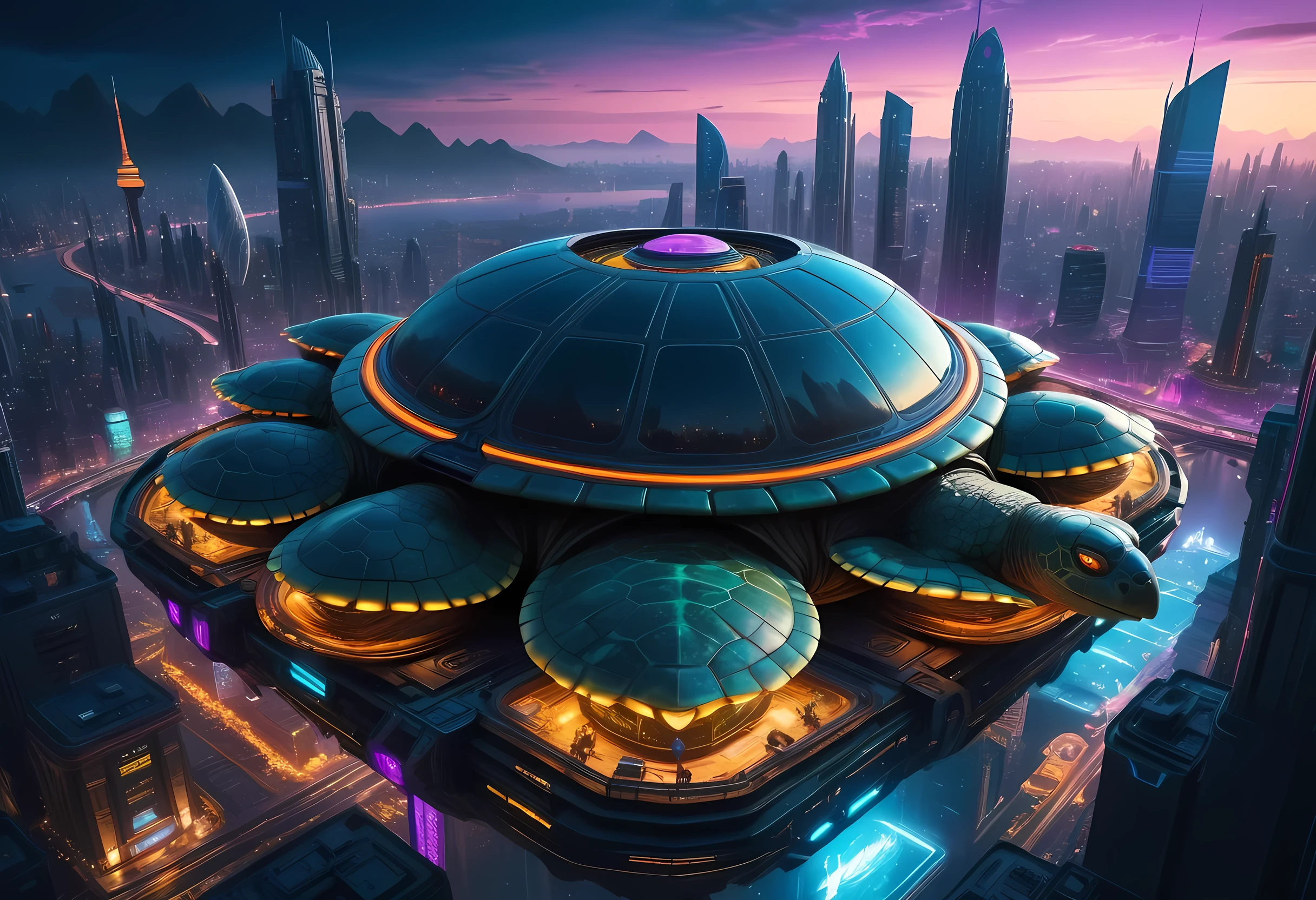 a city built on top of a giant turtle's shell, highly detailed, intricate architecture, futuristic sci-fi cyberpunk style, glowing neon lights, floating platforms, advanced technology, flying vehicles, alien-like creatures, otherworldly landscape, dramatic lighting, cinematic composition, photorealistic, 8k, hyper detailed