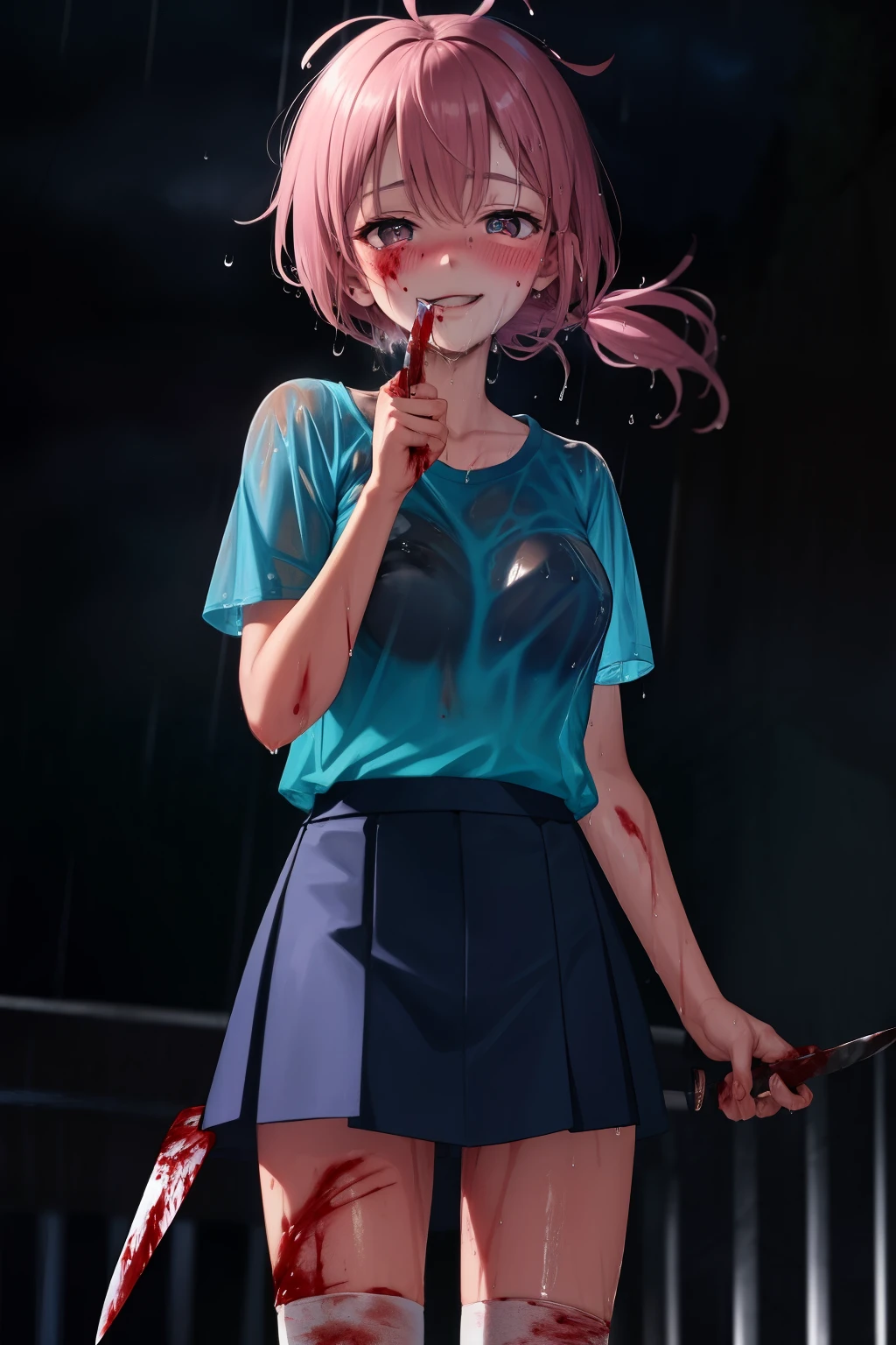 (extremely detailed CG unity 8k wallpaper), (masterpiece), (best quality), (ultra-detailed), (best illustration), (best shadow), dramatic lighting, light rays, (absurdres), (medium breasts:1.1), gasai yuno, gasai yuno, , (blue shirt:1.3), blue skirt, knee socks, (happy:0.7), (yandere, crazy eyes:1.1) yameroyandere, shaded face, (crazy smile:1.5), (night, night sky:1.5), (full-face blush:1.5), (shaded face:1.6), staring, (wet clothes, wet hair:1.5), (rain:1.4), wide-eyed, constricted pupils, small pupils, yandere trance, low ponytail, standing, see-through shirt, (blood on face, blood on clothes:1.2), lamppost, looking away, long sidelocks,
(holding knife:1.4), blood on knife, leaning on fence