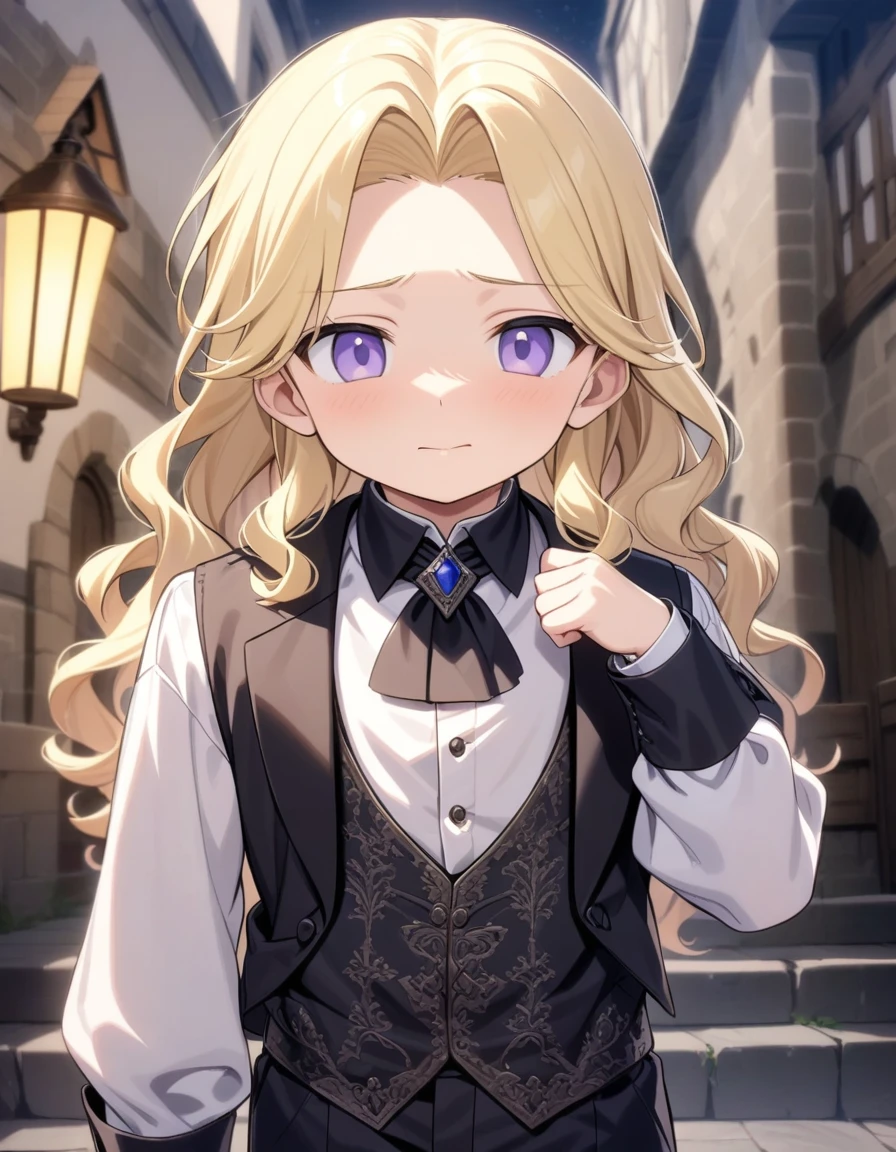 boy about 6 years old, blond, medium-long, middle-part wavy hair, light-purple Sanpaku eyes, fine-boned nose, bullish expression, medieval European formal attire