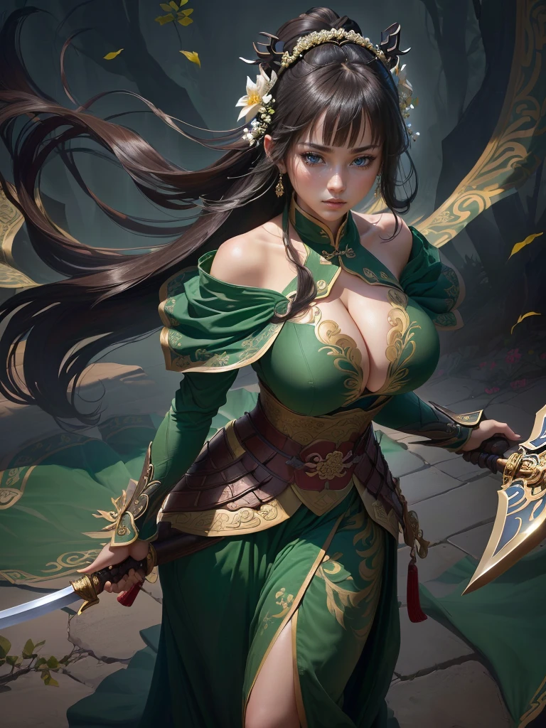a woman in a green dress holding a sword and a flower, inspired by Li Mei-shu, inspired by Shen Zhou, inspired by Wu Li, inspired by Wu Zuoren, yun ling, inspired by Ju Lian, inspired by Li Tang, full body xianxia, inspired by Qiu Ying, inspired by Lan Ying, xianxia hero, Highly detailed CG unit 8k wallpaper, masterpiece, High resolution, highest quality, highest quality real texture skin, Super Real, Digital Painting, Best image quality, 最High resolution, 8k, ((Highly detailed eyes and face, Beautiful eyes every detail)), 1girl, Full Body Shot, (Cleavage, Saggy breasts, Gravity-dependent breasts, long chest, Heavy chest, disproportionate breasts, huge breasts, sagging breasts, gigantic breasts, erect nipple), Off the shoulder,