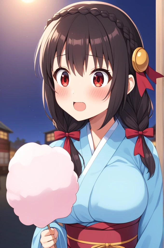 alone, One girl、Crown braids in the same color as your hair, hair ornaments, Hair Ribbon,(A light blue kimono with a red floral pattern and a red obi.)、Red Eyes、Black Hair、(blush:1.5)、(Surprised face:1.4)、Larger breasts、(Licking cotton candy:1.2)、The background is a night stall