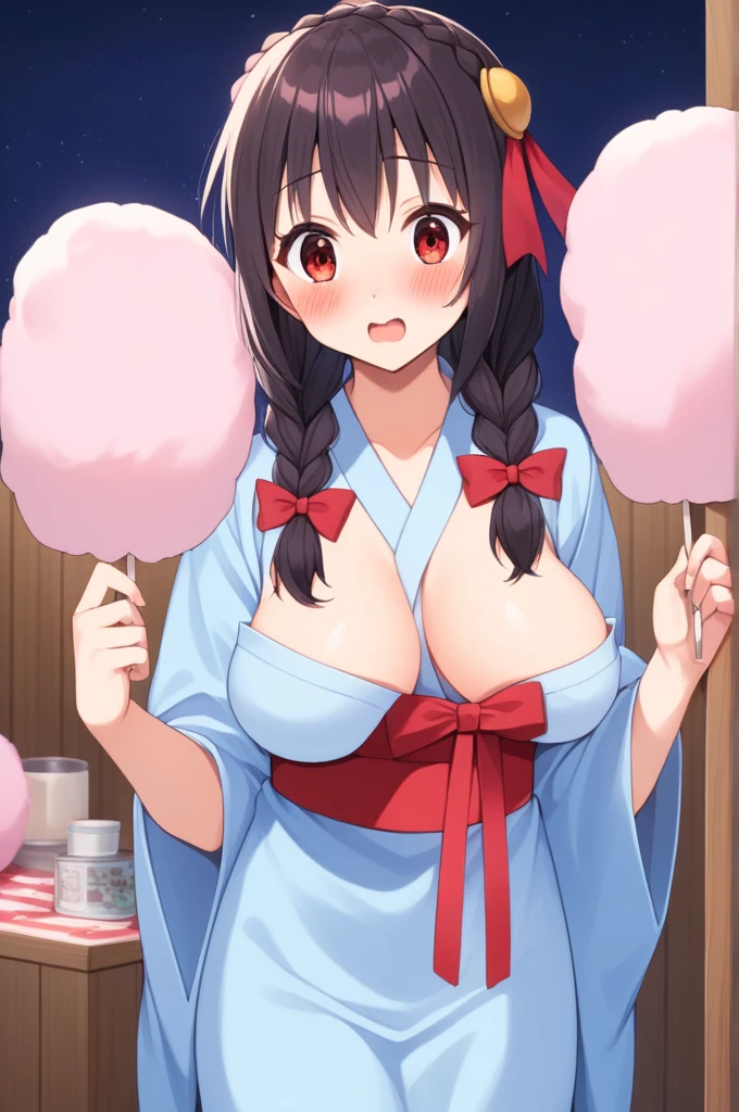 alone, One girl、Crown braids in the same color as your hair, hair ornaments, Hair Ribbon,(A light blue kimono with a red floral pattern and a red obi.)、Red Eyes、Black Hair、(blush:1.5)、(Surprised face:1.4)、Larger breasts、(Licking cotton candy:1.2)、The background is a night stall