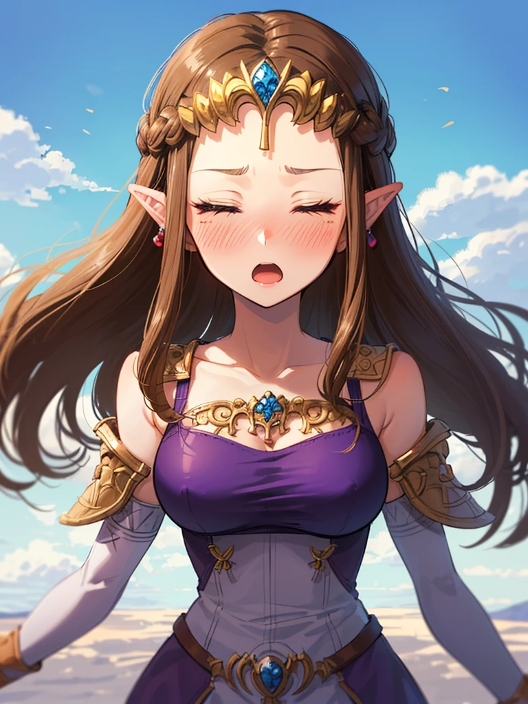 ((((Very beautiful mature woman)))),((surprised),((Scared)),((Close your eyes)),((((Exposed shoulders)))),(((look up))),,(((There is a hair ornament on the front)),,(((Long Hair)))),((Big Breasts)),((((Exposed shoulders)))),((My hair is blowing in the wind)),Princess Zelda, ((Highest quality)),,(Very detailed) ,,((Purple blouse)),Brown Hair,((Embarrassed look)),blush, ((Highest quality)), (Very detailed), ,(((Dark brown hair))),Nintendo, (Straight hair), face,blush,((alone)), ((Highest quality)), (Very detailed), ,