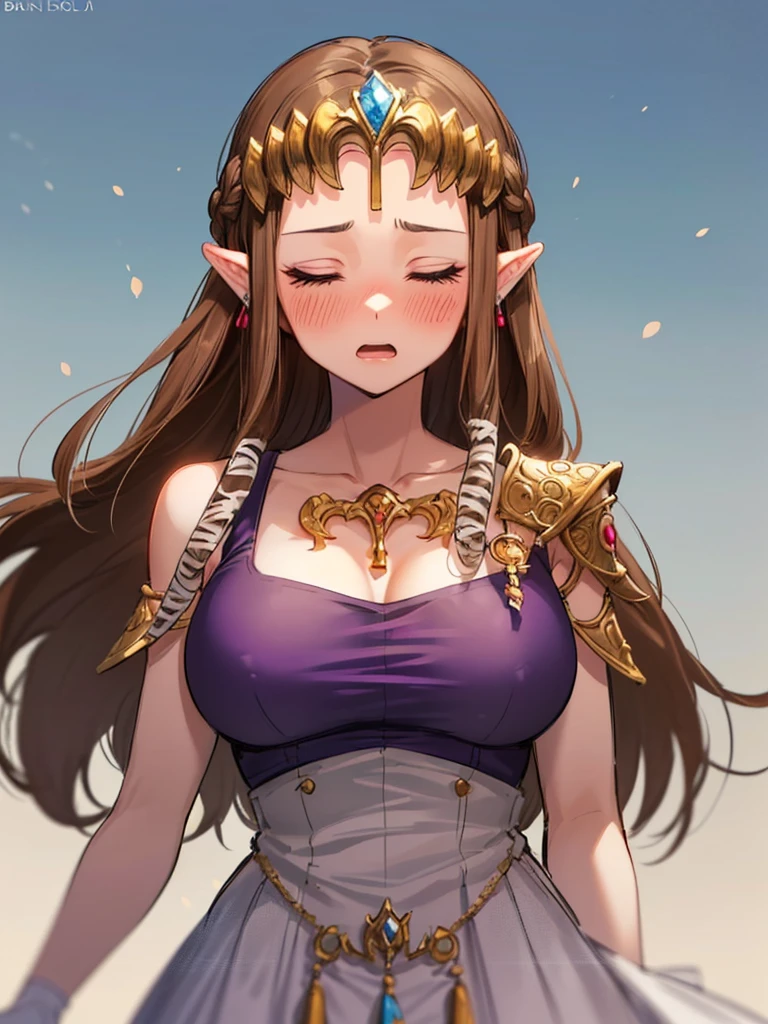 ((((Very beautiful mature woman)))),((surprised),((Scared)),((Close your eyes)),((((Exposed shoulders)))),(((look up))),,(((There is a hair ornament on the front)),,(((Long Hair)))),((Big Breasts)),((((Exposed shoulders)))),((My hair is blowing in the wind)),Princess Zelda, ((Highest quality)),,(Very detailed) ,,((Purple blouse)),Brown Hair,((Embarrassed look)),blush, ((Highest quality)), (Very detailed), ,(((Dark brown hair))),Nintendo, (Straight hair), face,blush,((alone)), ((Highest quality)), (Very detailed), ,