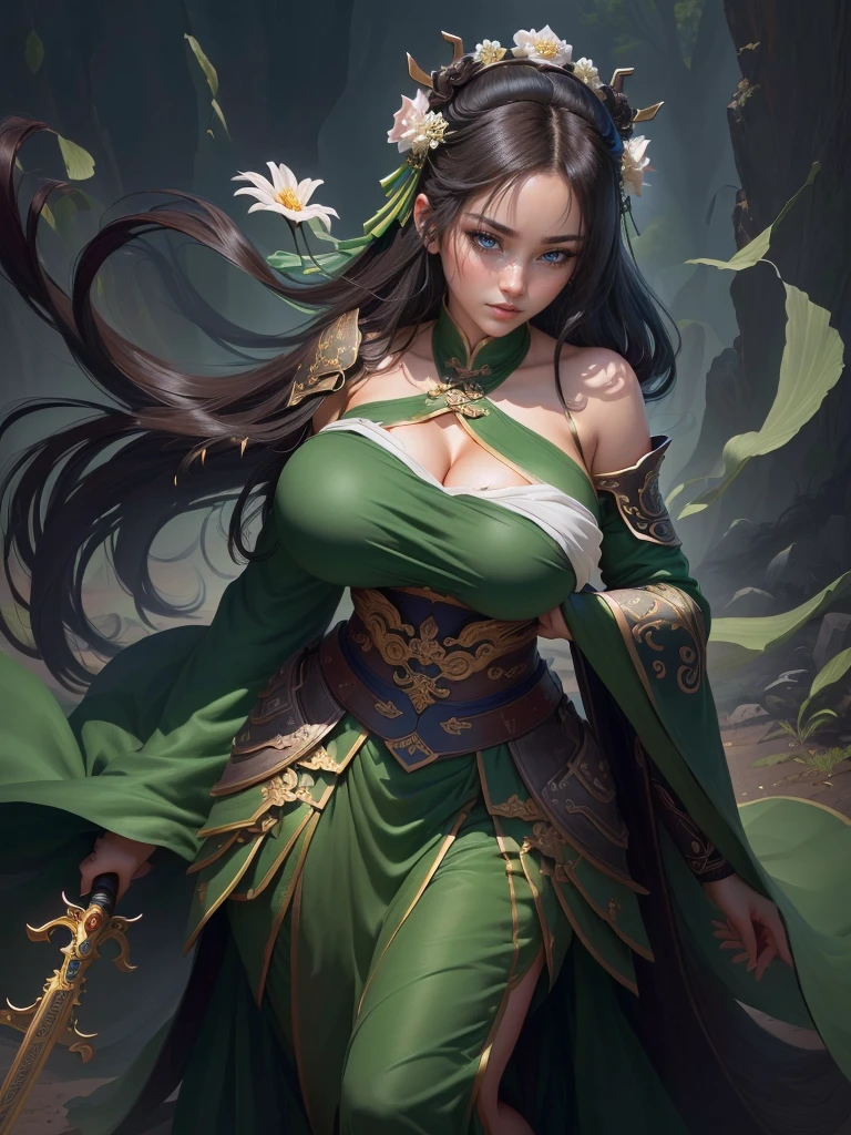 a woman in a green dress holding a sword and a flower, inspired by Li Mei-shu, inspired by Shen Zhou, inspired by Wu Li, inspired by Wu Zuoren, yun ling, inspired by Ju Lian, inspired by Li Tang, full body xianxia, inspired by Qiu Ying, inspired by Lan Ying, xianxia hero, Highly detailed CG unit 8k wallpaper, masterpiece, High resolution, highest quality, highest quality real texture skin, Super Real, Digital Painting, Best image quality, 最High resolution, 8k, ((Highly detailed eyes and face, Beautiful eyes every detail)), 1girl, Full Body Shot, (Cleavage, Saggy breasts, Gravity-dependent breasts, long chest, Heavy chest, disproportionate breasts, huge breasts, sagging breasts, gigantic breasts, erect nipple), Off the shoulder,