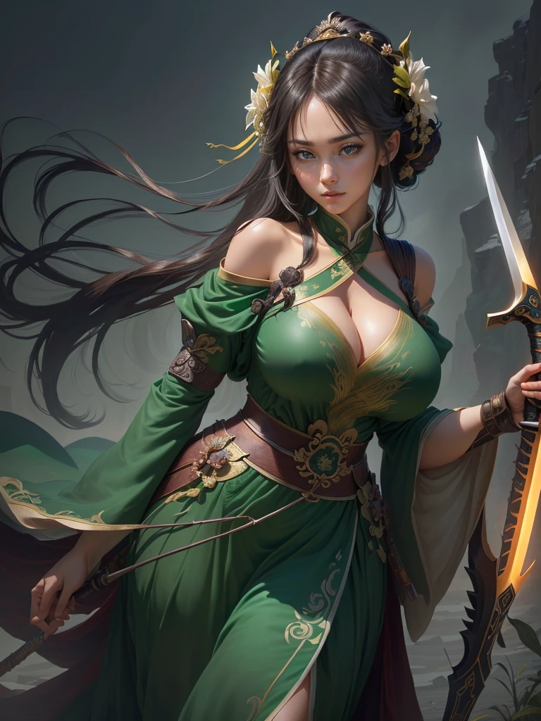 a woman in a green dress holding a sword and a flower, inspired by Li Mei-shu, inspired by Shen Zhou, inspired by Wu Li, inspired by Wu Zuoren, yun ling, inspired by Ju Lian, inspired by Li Tang, full body xianxia, inspired by Qiu Ying, inspired by Lan Ying, xianxia hero, Highly detailed CG unit 8k wallpaper, masterpiece, High resolution, highest quality, highest quality real texture skin, Super Real, Digital Painting, Best image quality, 最High resolution, 8k, ((Highly detailed eyes and face, Beautiful eyes every detail)), 1girl, Full Body Shot, (Cleavage, Saggy breasts, Gravity-dependent breasts, long chest, Heavy chest, disproportionate breasts, huge breasts, sagging breasts, gigantic breasts, erect nipple), Off the shoulder,