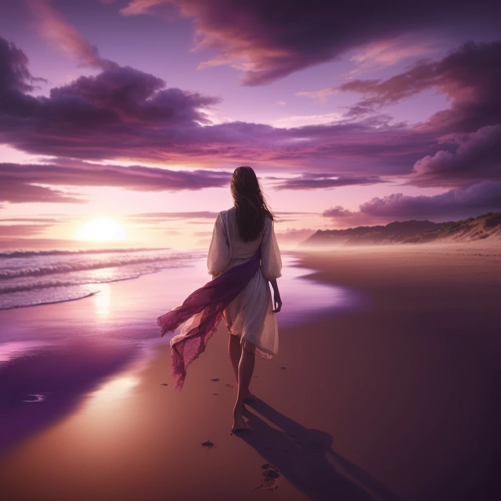 Purple and pink sunset on the beach with a woman walking on the sand, 新海誠 Cyril Rolland, Gorgeous digital painting, Beautiful digital artwork, Beautiful digital painting, Beautiful digital art, Cyril Rolland, Amazing digital painting, emotional Concept Art, Scott Gustafson, very Beautiful digital art, Inspired by Christophe Vaché, Concept Art | Rad