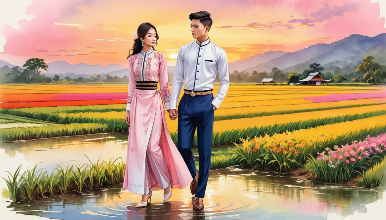 candid fashion illustration of two young man and women, 20-27 year old, adorned in a meticulously crafted North Thai traditional outfits, Lampang, ((showcase fashion Lanna style in cotton handwoven in pink)), simple elegant style, The man wears a simple long-sleeved white mandarin collar suit, paired with Tailor pants, and oxford shoes, The woman complements him with ankle-length wrap skirt, simple minimal patterns details, fitted intricately decorated waist-length blouse that complements the skirt, standing, Set against the backdrop of a breathtaking sunset at countryside, Chiangmai, rice farm, wild flower, Captured in full-body image, ((imperfect water color background)), sketching, realistic drawing, imperfect water color painting, fashion look book, fashion illustrator, sketch design, the image boasts high-quality, Lanna, North Thai traditional costume.