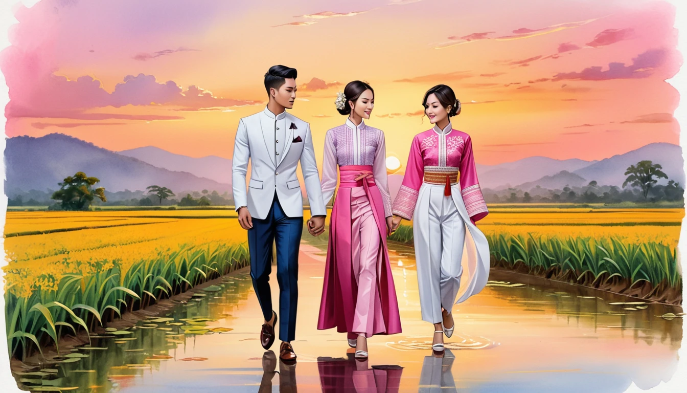 candid fashion illustration of two young man and women, 20-27 year old, adorned in a meticulously crafted North Thai traditional outfits, Lampang, ((showcase fashion Lanna style in cotton handwoven in pink)), simple elegant style, The man wears a simple long-sleeved white mandarin collar suit, paired with Tailor pants, and oxford shoes, The woman complements him with ankle-length wrap skirt, simple minimal patterns details, fitted intricately decorated waist-length blouse that complements the skirt, standing, Set against the backdrop of a breathtaking sunset at countryside, Chiangmai, rice farm, wild flower, Captured in full-body image, ((imperfect water color background)), sketching, realistic drawing, imperfect water color painting, fashion look book, fashion illustrator, sketch design, the image boasts high-quality, Lanna, North Thai traditional costume.