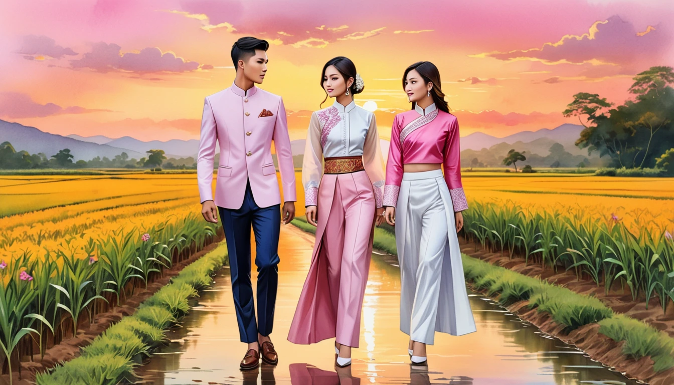 candid fashion illustration of two young man and women, 20-27 year old, adorned in a meticulously crafted North Thai traditional outfits, Lampang, ((showcase fashion Lanna style in cotton handwoven in pink)), simple elegant style, The man wears a simple long-sleeved white mandarin collar suit, paired with Tailor pants, and oxford shoes, The woman complements him with ankle-length wrap skirt, simple minimal patterns details, fitted intricately decorated waist-length blouse that complements the skirt, standing, Set against the backdrop of a breathtaking sunset at countryside, Chiangmai, rice farm, wild flower, Captured in full-body image, ((imperfect water color background)), sketching, realistic drawing, imperfect water color painting, fashion look book, fashion illustrator, sketch design, the image boasts high-quality, Lanna, North Thai traditional costume.