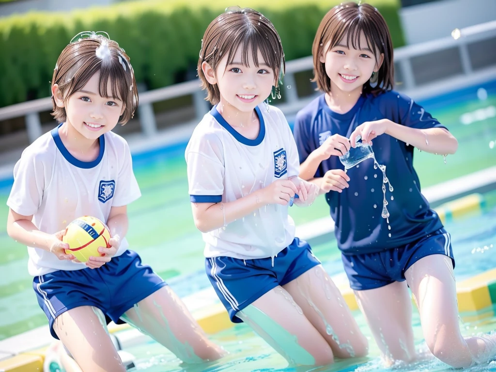 hot summer、、Summer swimming pool、It is sunny、Pouring water on each other、Boys' school、Get wet all over、Japan Boy、Glowing water splashes、Pool lessons、Boy playing in water、The happy boys、Strong sunlight、Short sleeve gym uniform、Blue shorts、barefoot,Boys only 、10age、high resolution、masterpiece