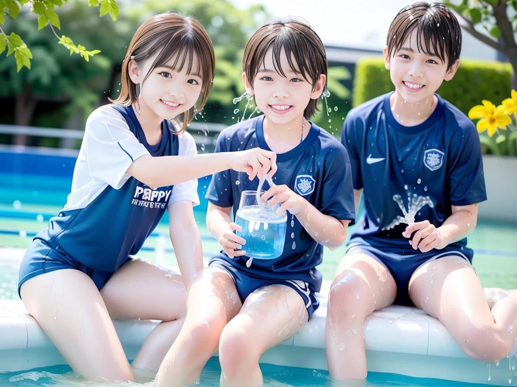 hot summer、、Summer swimming pool、It is sunny、Pouring water on each other、Boys' school、Get wet all over、Japan Boy、Glowing water splashes、Pool lessons、Boy playing in water、The happy boys、Strong sunlight、Short sleeve gym uniform、Blue shorts、barefoot,Boys only 、10age、high resolution、masterpiece
