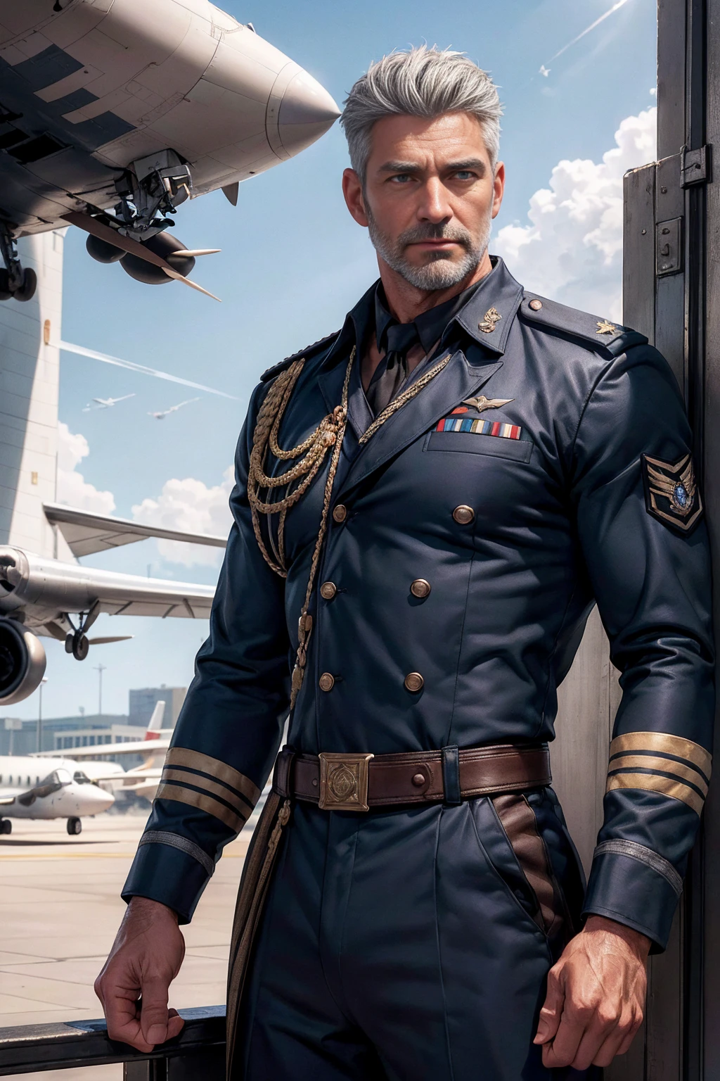 Aircraft captain! The captain's uniform! Movie poster! captain's uniform! captain's uniform! Background Airplane Airport ! Skinny and tall!(Chest hair:1.5) ! High detail 8K)! ((Realistically)), ! 186 cm! 70 kilograms! Popular clips! ( High-detail 8k ((realistically)), big hairy ! Dark skin, best quality, bright lighting, focus, theater! 35 years old, hairy breasts, Reddit, photo realism, gray hainely sculpted eyes!
gray hair!
gray hair!!(Chest hair:1.5)
outdoor!! Blue sky!,more detail , less detail