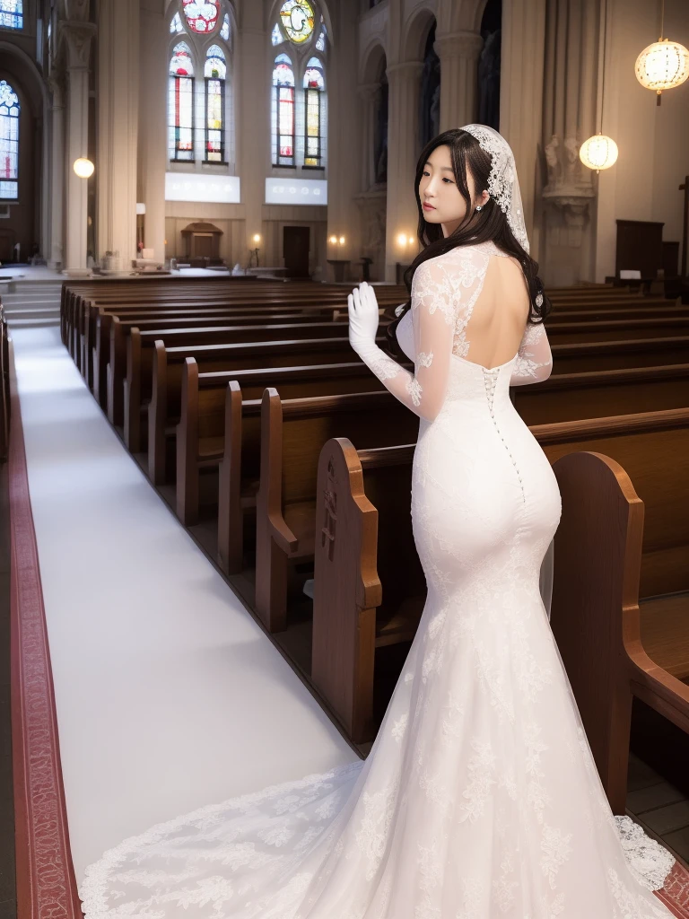 ((masterpiece))､((Highest Resolution))､((lonely japanese woman))､(Transparent white skin)､(((In the background is a large Roman church)))､(((Facing forward)))､With hands clasped together, looking up to the sky as if praying､((Depict the whole body))､High heels､Pink Wedding Dress､A dress with lots of lace､Expensive dresses､A dress with delicate embellishments､Straight long hair､Black Hair､Wearing white sheer lace wedding gloves､Narrow waist､Long lace stretches out at the back､round face､Very large breasts､Very big ass､