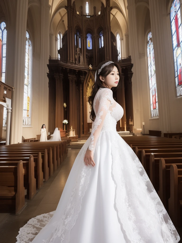 ((masterpiece))、((Highest Resolution))、((lonely japanese woman))、(Transparent white skin)、(((In the background is a large Roman church)))、(((Facing forward)))、With hands clasped together, looking up to the sky as if praying、((Depict the whole body))、High heels、Pink Wedding Dress、A dress with lots of lace、Expensive dresses、A dress with delicate embellishments、Straight long hair、Black Hair、Wearing white sheer lace wedding gloves、Narrow waist、Long lace stretches out at the back、round face、Very large breasts、Very big ass、