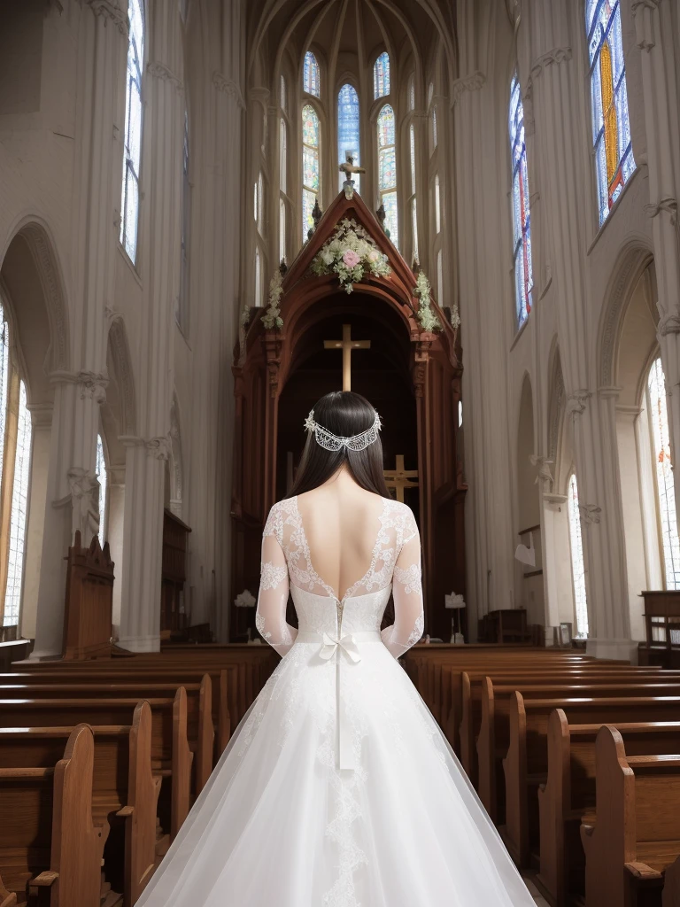 ((masterpiece))、((Highest Resolution))、((lonely japanese woman))、(Transparent white skin)、(((In the background is a large Roman church)))、(((Facing forward)))、With hands clasped together, looking up to the sky as if praying、((Depict the whole body))、High heels、Pink Wedding Dress、A dress with lots of lace、Expensive dresses、A dress with delicate embellishments、Straight long hair、Black Hair、Wearing white sheer lace wedding gloves、Narrow waist、Long lace stretches out at the back、round face、Very large breasts、Very big ass、