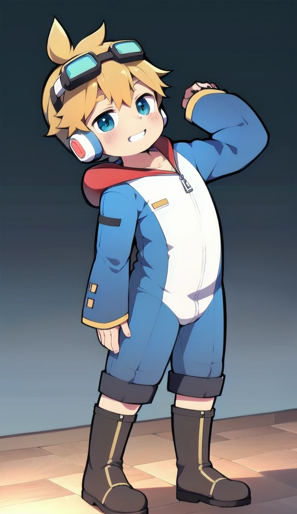 2D Boy Shota，One-piece mountaineering suit，Slim, healthy body，Put the headphones on your head，stand up，goggles，Rabbit ears，happy，Sailor collar，tie，Zipper pulled down，boots，hood