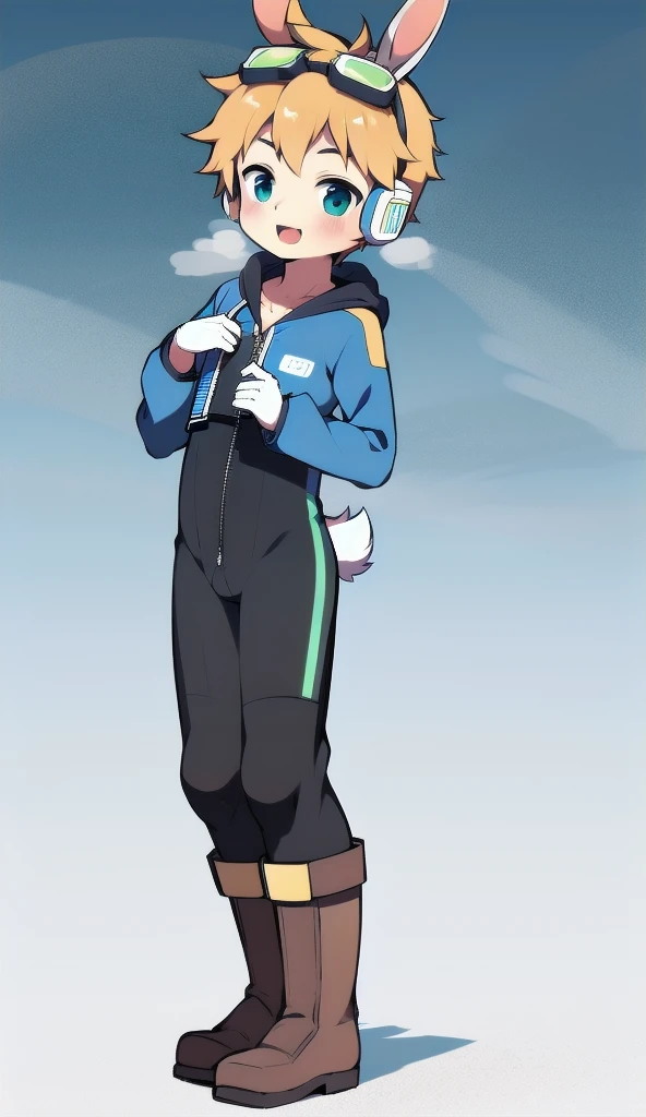 2D Boy Shota，One-piece mountaineering suit，Slim, healthy body，Put the headphones on your head，stand up，goggles，Rabbit ears，happy，Sailor collar，tie，Zipper pulled down，boots，hood