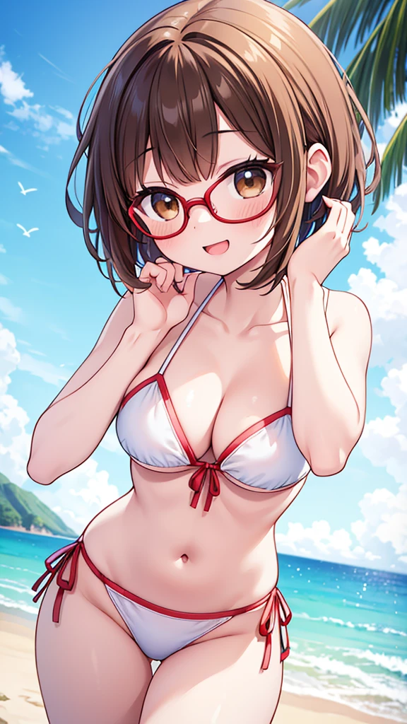 Comical pose、Get excited、fine、fun、smile、mischief、Expectations、surprise、Shyness、Sandy Beach、Midsummer、sun、Ocean、blue sky、Daytime、pretty girl , Shooting from below, One Girl, Brown Hair、Very short hairstyle, Brown eyes、Red frame glasses、White Bikini,Highest quality, 4K, 8k, High resolution, masterpiece:1.2, Very detailed, Realistic, photoRealistic, photo-Realistic:1.37, High resolution, 超High resolution, Studio Lighting, Ultra-fine painting, Sharp focus, Physically Based Rendering, Very detailed説明, Professional, Vibrant colors, Bokeh
