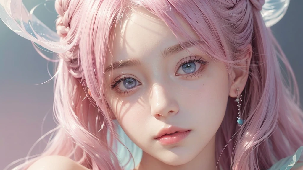 ((masterpiece)). This work is dreamy and fantastical., Soft pink watercolor shades. Generates delicate magical women exploring the bubble gum world in a variety of pastel colors. Her sweet face is extremely detailed and realistic with elegant, Mature features, Puffy, Big lips and stunning, Extremely realistic eyes. Her eyes are important、Be realistic, Very detailed, And it's beautiful. High resolution and detail, Include many details like stars, Milky Way, Colorful bubbles, Colorful petals, And a lot of energy and emotion! Stars and colorful bubblegum bubbles are important! Include fantasy details, Enhanced Details, iris, Colorful sparkling wind, And pollen. Pay special attention to her face、Make sure it's beautiful and realistic in detail。. The image is dreamy、It has to be fantastical..8k, Complex, elegant, Very detailed, Majestic, Digital photography
