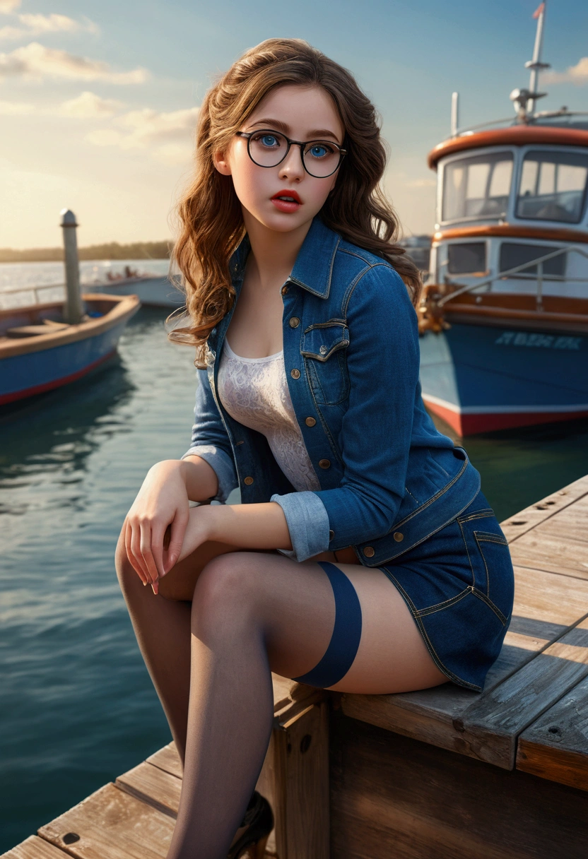 a sexy nerdy girl sitting on a pier, wearing a denim mini skirt showing pantyhose and underwear, pointing at a boat in the distance,beautiful detailed eyes,beautiful detailed lips,extremely detailed eyes and face,longeyelashes,photorealistic,highly detailed,1girl,medium:digital painting,dramatic lighting,vibrant colors,cinematic composition,(best quality,4k,8k,highres,masterpiece:1.2),ultra-detailed,(realistic,photorealistic,photo-realistic:1.37)