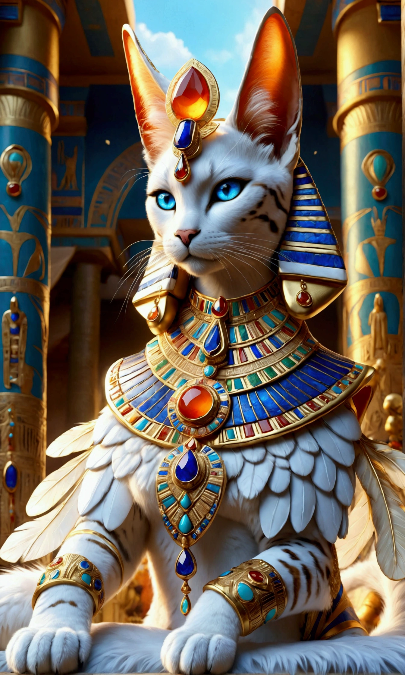 ((Anthropomorphic:1.3) feline goddess ((holding big divine golden radiating cookie above its head:1.3)), ((sitting upon Egyptian majestic golden seat:1.2) with luxurious fabrics and intricate carvings and hieroglyphs, (backseat wings:1.2), (collar with lapis lazuli, turquoise, carnelian:1.1), (intricate Egyptian regal headdress encrusted with gems:1.2), white fur, blue eyes, (columns with intricate hieroglyphs), bright colors, masterpiece in maximum 16K resolution, best quality, ultra detailed, aesthetics, absurdes.