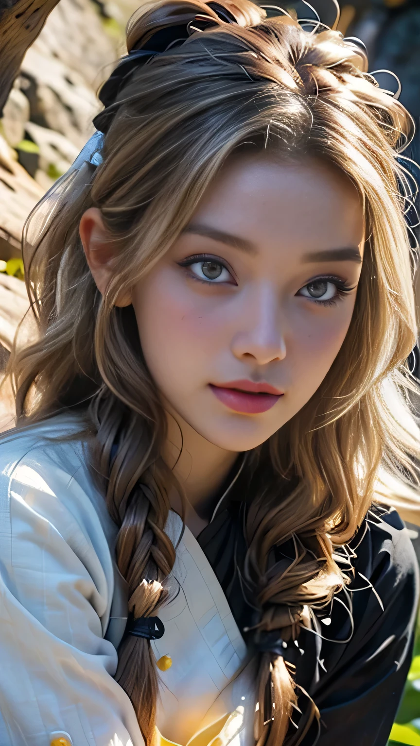 (Surreal), (picture), (High resolution), (In 8K), (Very detailed), (Best Illustration Photos), (Beautiful and fine details), (最high quality), (Ultra-detailed), (masterpiece), (wallpaper), (Detailed face), solo, One Girl, Blonde Wavy Hair, Korean Beauty,Black Eyes, ((A loose-fitting blue and yellow checked maid outfit)), Long legs, Toned Abs, stockings、((In a dark cave))、(Pause_random)、(((Face close-up))), Face close-up, masterpiece, 最high quality, high quality, High resolution,