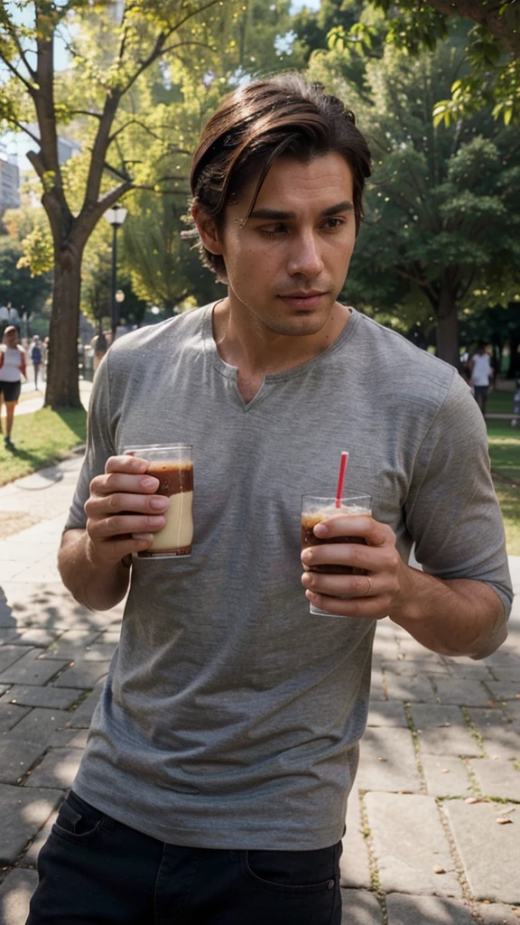 Very handsome man, 29yo, dark brown hair, Wear, Consultation, posing, Wearing in the park, drinking protein shake, realphoto