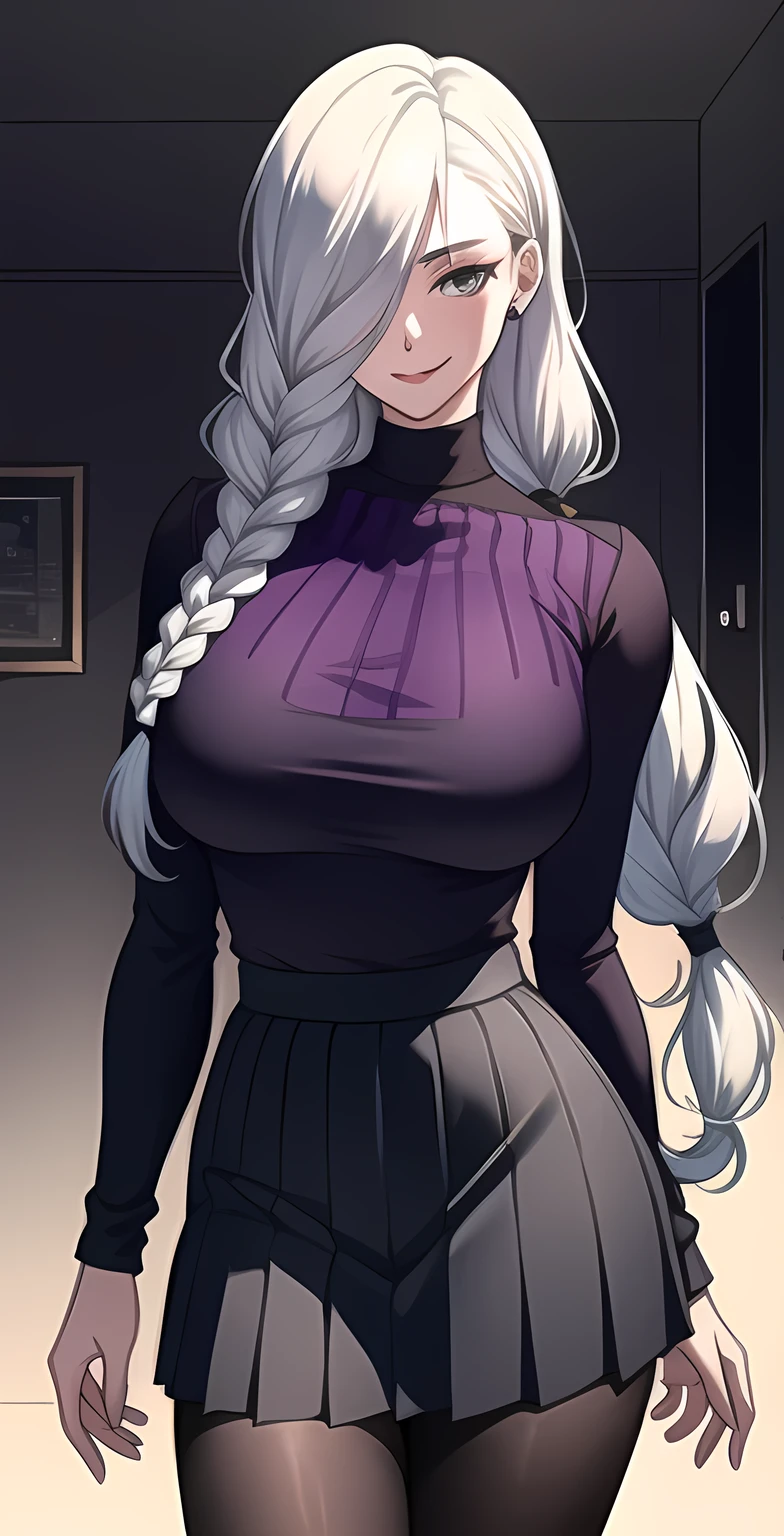 ultra realistic 8k cg, tmasterpiece, ( delicate patterns, Complicated details)), (highly detailed, finely detailled), best qualtiy, 1girl, (Hphotorealistic:1.4), beautiful light up, absurderes, RAW photos, filmgrain, (huge and perfect breasts, slender girl)), 1girll, meimi, solo, rnlong hair, pigtails, hair covering one eye, ssmile, Long sleeved, Braided bangs, braidedponytail, whaite hair, 1girl, pantyhose, solo, breasts, skirt, closed_eyes, coat, open_mouth, large_breasts, open_coat, black_pantyhose, mole, black_coat, mole_under_mouth, bangs, purple_skirt, long_hair, black_sweater, turtleneck, pleated_skirt, open_clothes, smile, sweater, long_sleeves, shirt, sweatdrop, miniskirt, indoors, bedroom, white hair