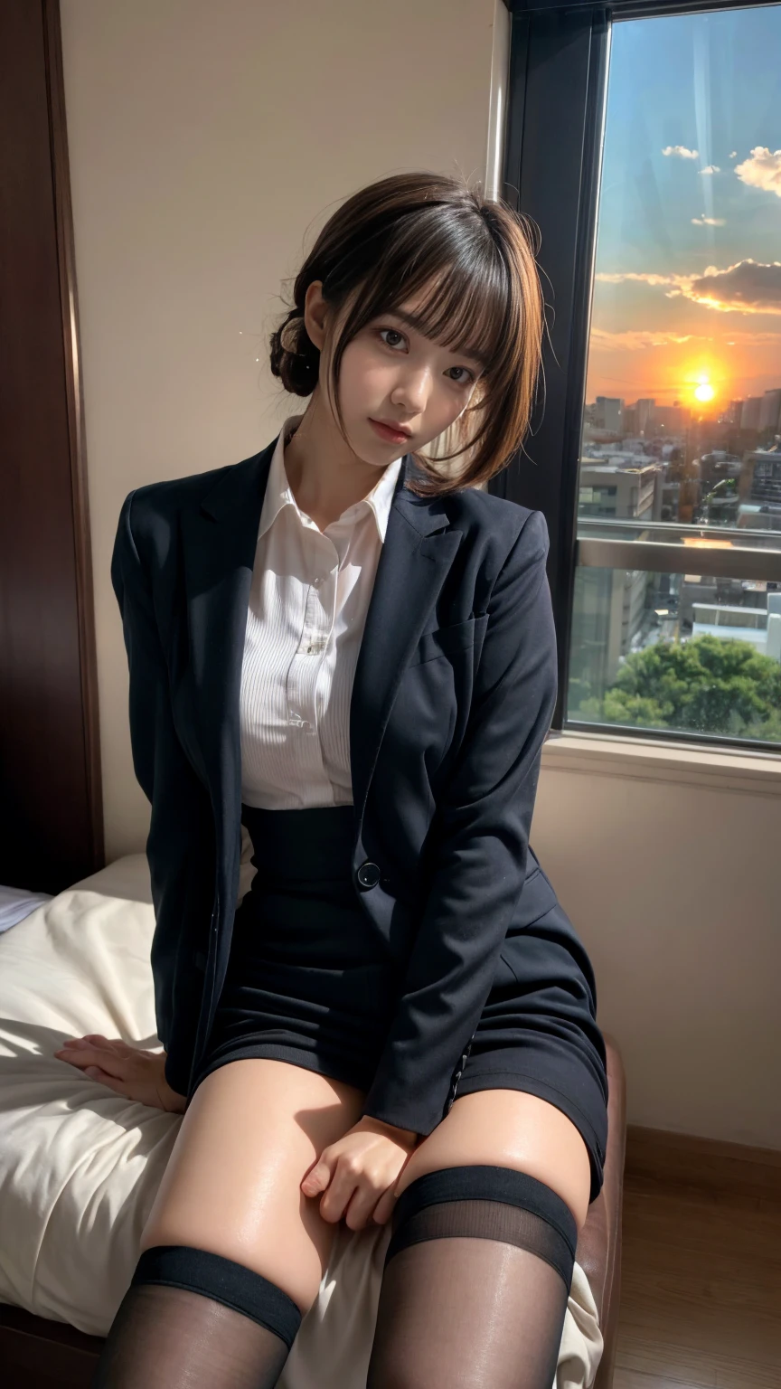 masterpiece, best quality, illustration, Super detailed, fine details, High resolution, 8K,wall paper, perfect dynamic composition,(Details High quality, realistic depiction of eyes:1.3), short hair, Office Lady, ,Suit,Collared shirt, Black Suit,Black jacket, updo, huge breasts,  black hair color, Big Natural Color Lip, bold sexy pose, crying a little、cold gaze, Harajuku style、20 year old girl、cute type、lolita、beautiful legs, hotel room, full body photo、focus on crotch, hposing Gravure Idol, Sexy shot looking at camera, Sunset, by the window, Summer, make up, Curve