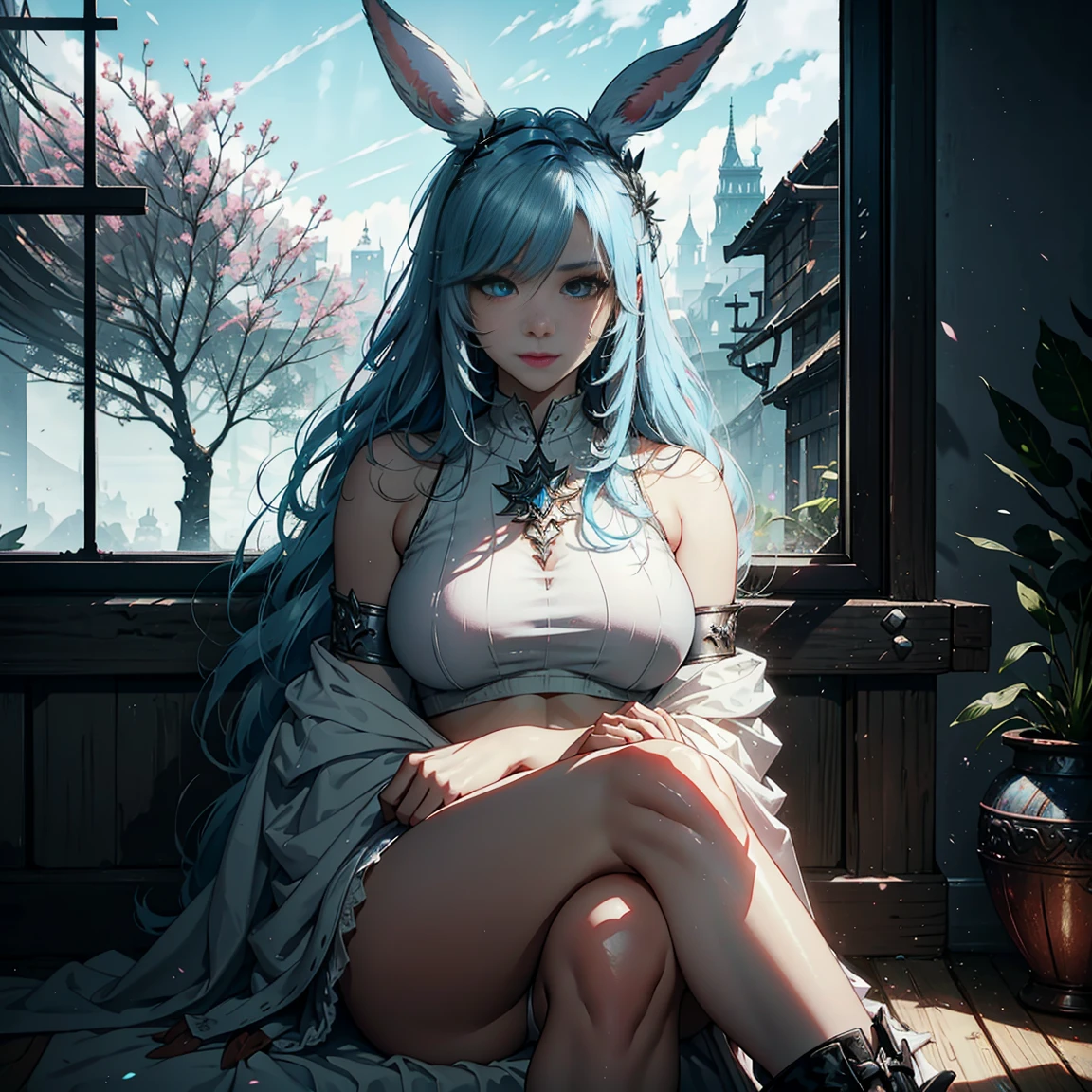 1girl, (solo), FFXIV_Viera, long hair, light blue hair, long rabbit ears, blue eyes, smile, arrogant, small lips, big breasts, big tall, white crop top, deep neckline, white skirt, black boots, white skin, vagina view, sitting on bed, crossed legs, medieval japanese room, (days), (very sexy body, detailed face, detailed eyes, masterpiece, highly detailed, 8k, best quality, vibrant colors, digital art, concept art)