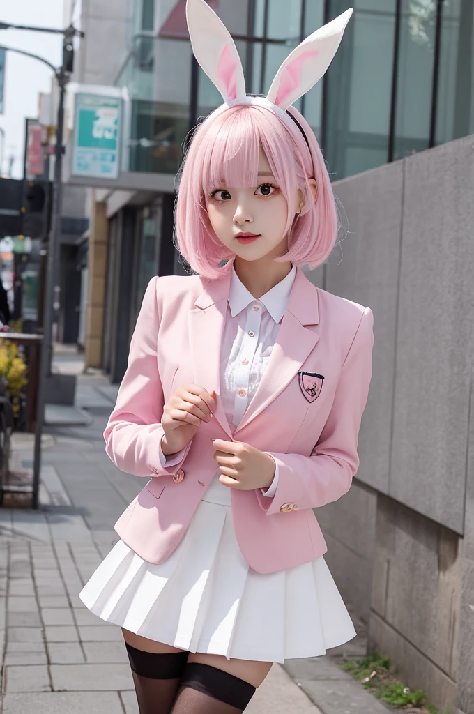 Bunny ears girl Wearing a blazer The color of the skirt is pink White hair, long The skirt is short
