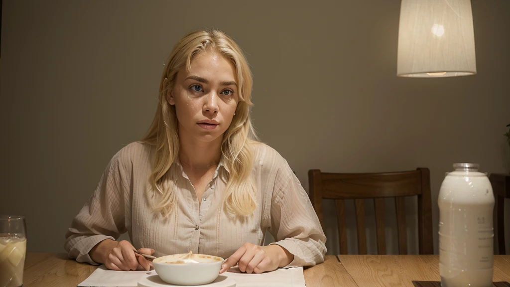 A blonde woman, similar to Elainne Goldives, is sitting at a dining table in her home. Her expression is one of deep sadness, guilt and inferiority. Your eyes are red and watery, with tears streaming down her face. She has an expression of despair, with the eyebrows furrowed and the mouth trembling slightly, like you&#39;re about to cry. She's dressed in casual clothes, mas elegantes: a light colored blouse and jeans. Her blonde hair is loose and a little disheveled., reflecting your disturbed emotional state. there are empty plates and cutlery, indicating that the table should be used for meals, In a corner of the table, there is an open refrigerator, revealing almost empty shelves, with just a few basic items and an almost empty bottle of milk, symbolizing the lack of food at home. The environment around her is a simple dining room., with light walls and some furniture. There is a window in the background, through which daylight enters, but the atmosphere in the room is gloomy due to the woman&#39;s emotional state. The light that enters is soft and diffused, creating soft shadows that increase the feeling of melancholy. In a corner of the room, there is a plant in a pot, a symbol of life and hope, but it seems a little forgotten and neglected. There is also an empty chair next to the woman, suggesting loneliness and isolation. The scene conveys a strong feeling of helplessness, loneliness and financial pressure, capturing the painful moment of someone struggling with their debt, feelings of inadequacy and lack of food