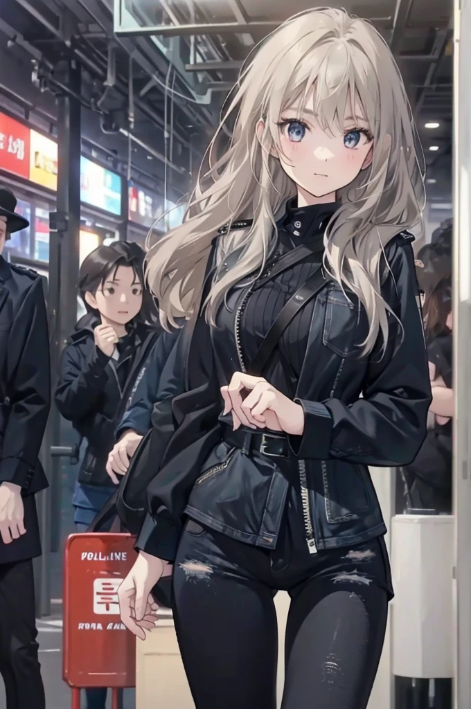 1 Girl:1.3), Solitary, __body parts__ Delicate and realistic skin, Pale skin, Large target, Official Art, Unity 16K Wallpaper, Ultra Detailed, beauty, masterpiece, best quality, Awesome atmosphere, Calming color palette, A calm mood, Soft shadows, Airline stewardess, charm,Large Breasts,Black tights,Police Uniform,((Black jeans))
