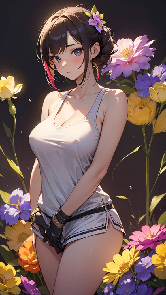 masterpiece, Highest quality,One girl,Gosgarh,Tank top 8k,High resolution, ( flower_Styler:1.2)(Rainbow Candy:1.2),(Excellent rendering, Stand out in the same class), (Amazing details, Excellent lighting, Wide-angle), Big Breasts, zettairyoiki, Detailed Background、
