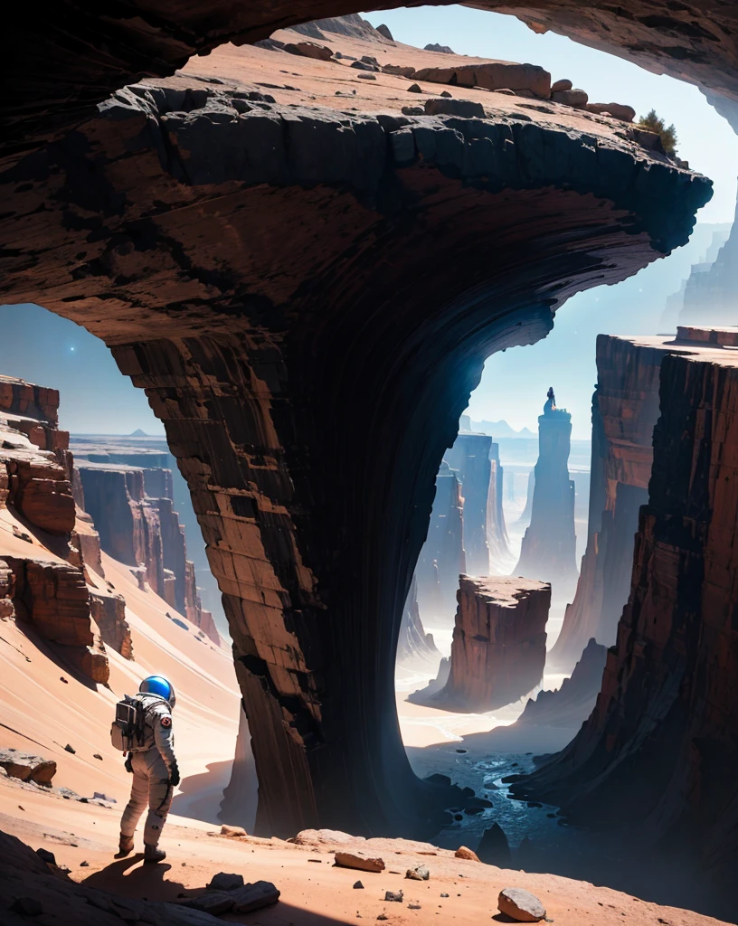 Create a painting of an astronaut standing at the edge of a giant canyon on Mars, with a deep chasm extending into the horizon. The scene is set at night, illuminated by a starry sky filled with vibrant nebulas. The astronaut, in a shiny spacesuit, gazes into the abyss, looking toward the other side where mysterious rock formations and an alien landscape can be seen.
Add details like sharp rocks and unusual textures on the canyon walls, along with dramatic shadows that create an atmosphere of tension and wonder. The astronaut appears to be shouting, expressing a desire to cross, but the imposing chasm holds him back. The ambiance should evoke a mix of challenge and marvel, transporting the viewer to this thrilling situation in an extraterrestrial world